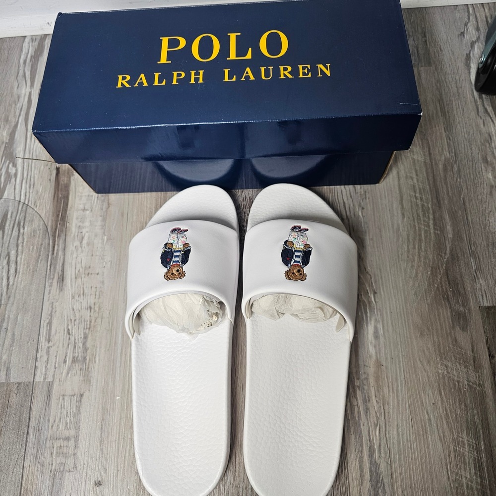 Polo Ralph Lauren Slides 15 D MenWhite Polo Bear Embroidered Sandals NIB Resort